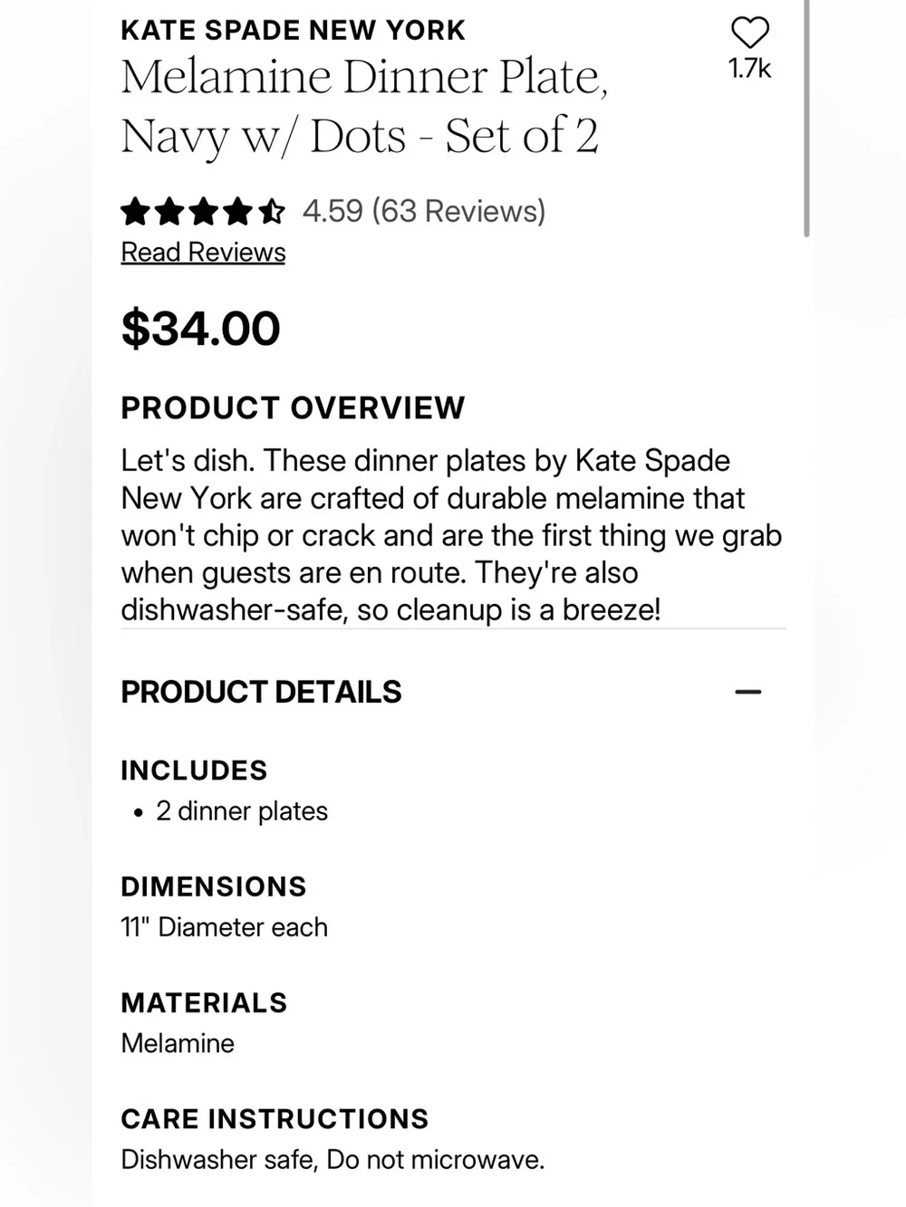 *NEW* Kate Spade- Melamine Dinner Plate, Navy w/ Dots - Set of 2